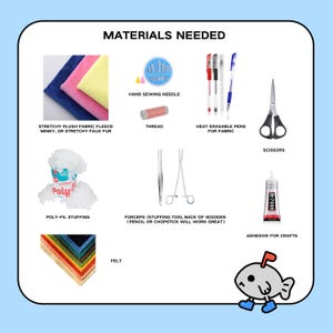 K&ouml;nnte beinhalten: Ein Bild mit dem Titel &bdquo;BEN&Ouml;TIGTE MATERIALIEN&ldquo; zeigt verschiedene Bastelmaterialien. Dazu geh&ouml;ren farbiger Stoff, Faden, Stifte, Scheren, Klebstoff, Filz, Poly-Fil-F&uuml;llung, eine Handn&auml;hnadel und eine Pinzette. Ein Cartoon-Fisch befindet sich in der unteren rechten Ecke.