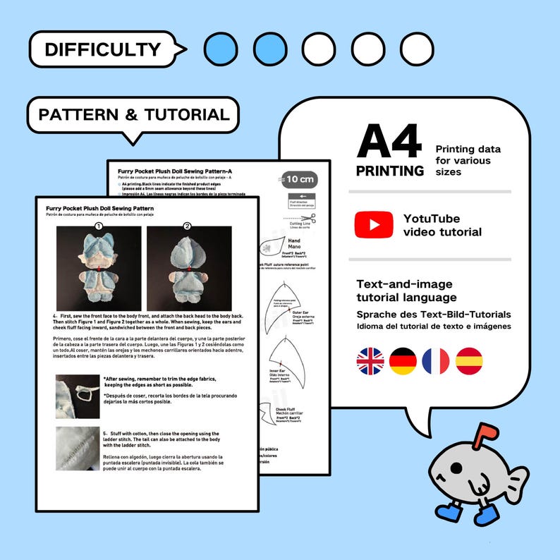 K&ouml;nnte beinhalten: Ein Schnittmuster f&uuml;r eine flauschige Taschenpl&uuml;schpuppe. Das Muster enth&auml;lt Anweisungen, Diagramme und ein YouTube-Video-Tutorial. Der Text ist auf Englisch, Deutsch, Franz&ouml;sisch und Spanisch. Ein 10 cm Lineal ist ebenfalls abgebildet.