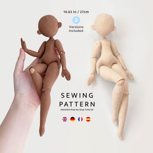 May include: Two fabric dolls, one dark brown and one light beige, measuring 27 cm in height. The text reads 2 Versions Included, SEWING PATTERN, and Detailed Step-by-Step Tutorial, accompanied by four small national flag icons.