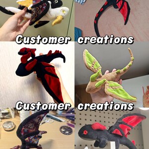 Peut inclure: Un collage de peluches de dragons de diff&eacute;rentes couleurs et designs. Les dragons pr&eacute;sentent des ailes, des cornes et des queues, avec des d&eacute;tails en rouge, noir, blanc et vert. Le texte "Customer creations" est affich&eacute;.