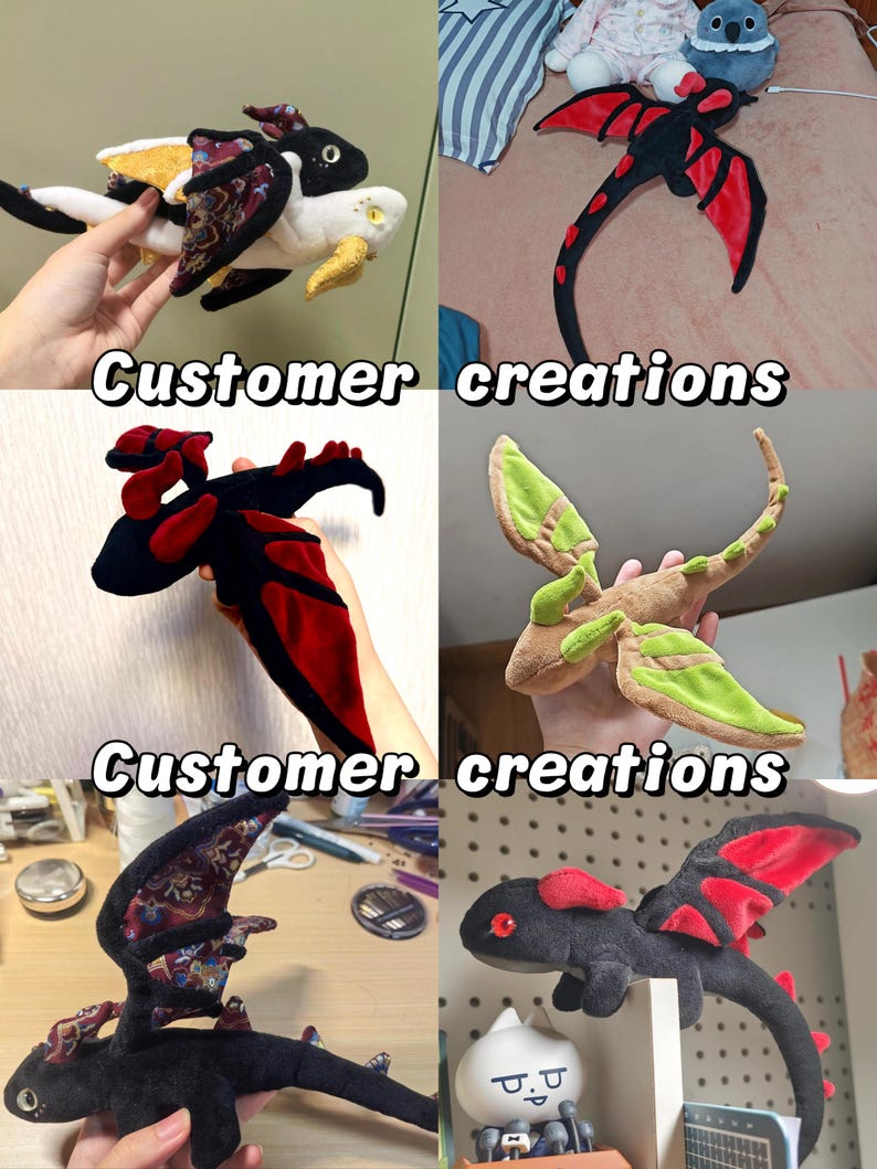 Peut inclure: Un collage de peluches de dragons de diff&eacute;rentes couleurs et designs. Les dragons pr&eacute;sentent des ailes, des cornes et des queues, avec des d&eacute;tails en rouge, noir, blanc et vert. Le texte "Customer creations" est affich&eacute;.