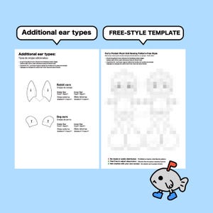 K&ouml;nnte beinhalten: Ein hellblaues Bild mit Text und Illustrationen. Der Text lautet "Additional ear types" und "FREE-STYLE TEMPLATE". Zu den Illustrationen geh&ouml;ren Hasen- und Hundeohrmuster sowie ein pixeliges Puppenmuster. Ein Cartoon-Fisch mit Stiefeln befindet sich unten rechts.
