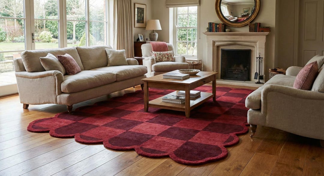 Dredded Rug Hand-tufted Wool Rug | Red Burgundy Checkered, Scalloped Edge - Etsy