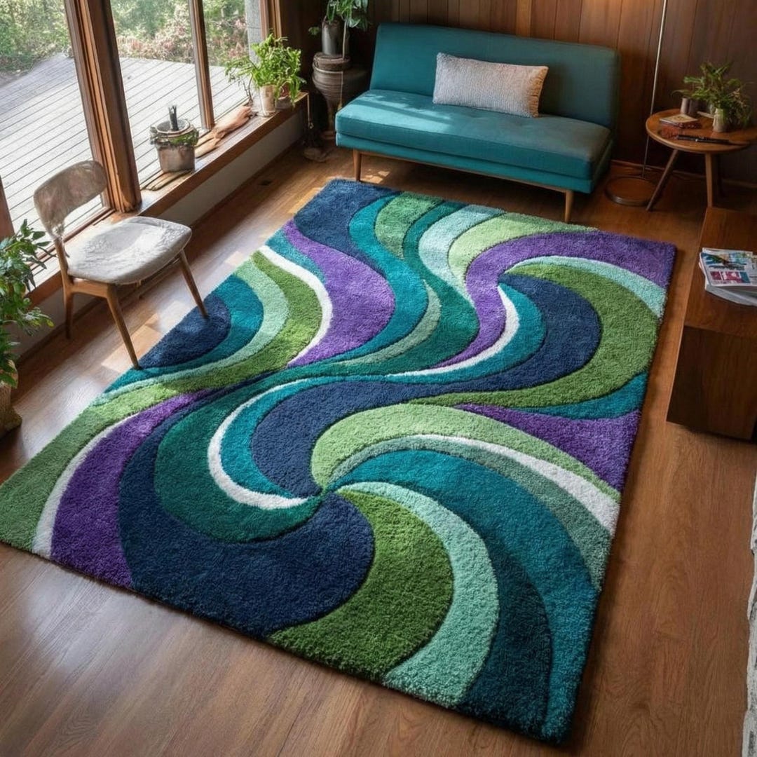 Hand Tufted Wool Rug | Abstract Curved Design, Mid-century Modern - Etsy