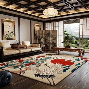 Pode incluir: Uma sala de estar em estilo japonês com um grande tapete com um desenho de grou. A sala inclui um sofá, obras de arte, árvores bonsai e uma vista de um jardim. A paleta de cores inclui bege, vermelho e tons de madeira escura.