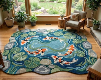 Hand-Tufted Koi Pond Wool Area Rug | Handcrafted Koi Pond Wool Living Room Rug | Artistic Nature-Inspired Koi Wool Rug for Kids Room, Dorm
