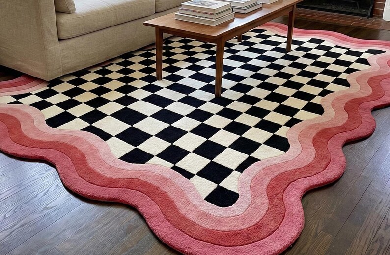 Modern Checkerboard Wool Rug With Sculpted Border | Designer Check ...