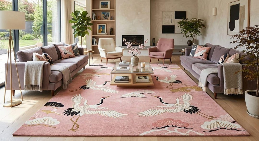 Pink Japanese Rug Japanese Crane Floral Rug – Hand Tufted Premium Wool Area Rug Blush ...