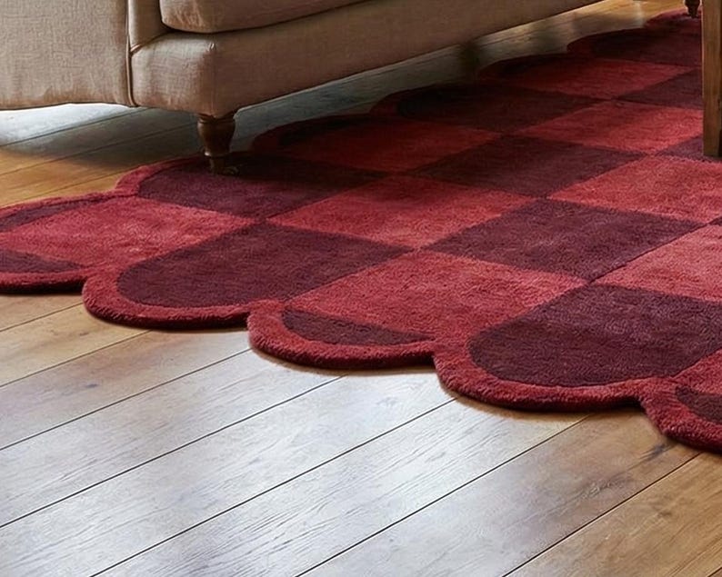 Bugundy Check Rug Hand-tufted Wool Rug | Red Burgundy Checkered, Scalloped Edge - Etsy