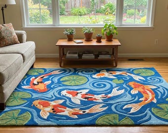 Hand-Tufted Wool Area Rug | Koi Fish Pond Design
