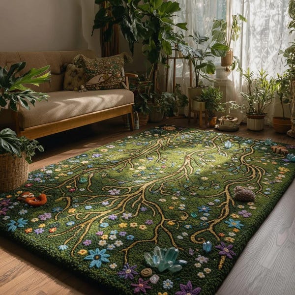 Enchanted Forest Meadow Rug | NatureSoul Green Garden Rug, Mystic Woodland Path Botanical Rug for Living Room Hallway Bedroom & Dinning Area