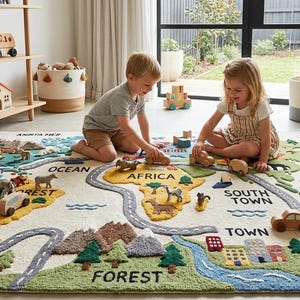 Kids World Map Rug, Educational Play Rug, Handmade Tufted Wool Carpet, Montessori Kids Rug, World Map Carpet, Handmade Wool Play Area Rug