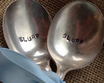 Hand Stamped Soup Spoons, Silver Spoons, Slurp Spoons, Hand Stamped Vintage Silverware, Vintage Soup Spoons, Stamped Silverware
