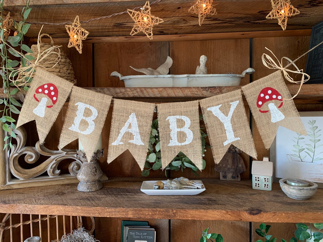 Burlap Baby Shower Banner, Baby Banner, Mushroom Banner, Baby Bunting, Mushroom Bunting, Baby