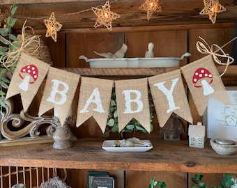 Burlap Baby Shower Banner, Baby Banner, Mushroom Banner, Baby Bunting, Mushroom Bunting, Baby Decor, Baby Shower Decoration