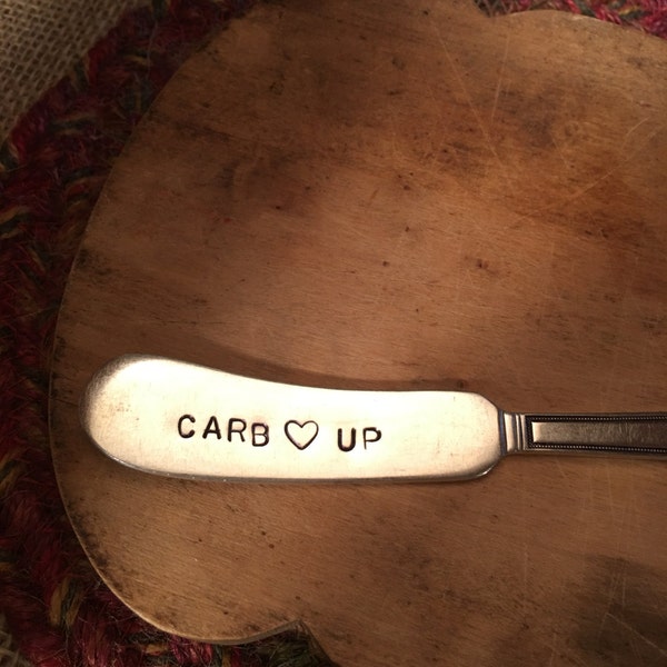 Hand Stamped Vegan Knife, Carb Up Spreader, Cheese Spreader, Handstamped Vegan Knife, Butter Knife, Unique Gift, Stamped Silverware