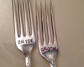 Bride and Groom Hand Stamped Silver Forks