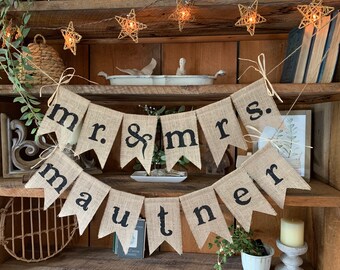 Mr. and Mrs. Burlap Banner, Personalized Banner, wedding banner, bunting banner, wedding decor, photo prop, wedding photo, wedding shower