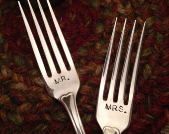 Hand Stamped Vintage Dinner Forks, Wedding Forks, Stamped Forks, Mr and Mrs Forks, Stamped Dinner Forks, Bridal Forks, Wedding Tableware,