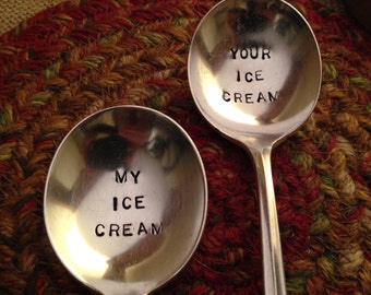 Hand Stamped Silver Spoons, Hand Stamped Ice Cream Spoons, His and Hers Spoons, Vintage Spoons, Hostess Gift, Christmas Gift, Bridal Gift