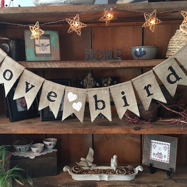 Burlap Love Birds Wedding or Anniversary Banner