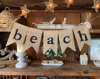 Burlap Beach Banner, Burlap Bunting, Bunting Banner, Burlap Garland, Beach Garland, Beach House Garland, Beach House Bunting, Burlap Beach