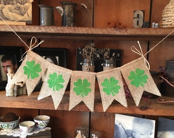 St. Patricks Day Banner, St. Paddys Bunting, Four Leaf Clover Bunting, Burlap St. Patricks Bunting, St. Patricks Garland, Lucky Bunting