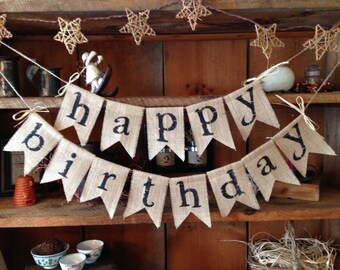 Happy Birthday Banner, Birthday Banner, Burlap Happy Birthday Banner , Burlap Banner, Birthday Decoration, Rustic Birthday Banner