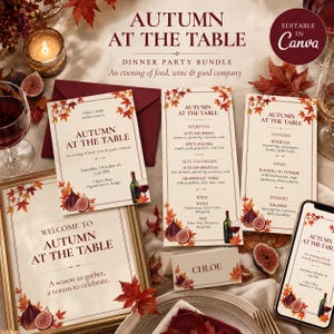 Könnte beinhalten: Ein Dinner-Party-Set aus cremefarbenem Papier mit herbstlichen Blatt- und Feigenmotiven. Enthält eine Einladung, ein Menü, ein Namensschild und ein Willkommensschild mit dem Text Autumn at the Table, ergänzt durch dunkelrote Umschläge.