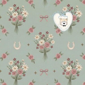 Nahtloses Western-Blumenmuster, digitales Papier „Cowgirl“ in Salbeigrün, Stoffdruck „Vintage Rose Horseshoe“