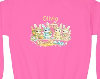 Personalized Easter Kids Sweatshirt, Custom Name Bunny Crewneck, Cute Pastel Rabbit Youth Sweater, Easter Gift for Kids, Spring Outfit