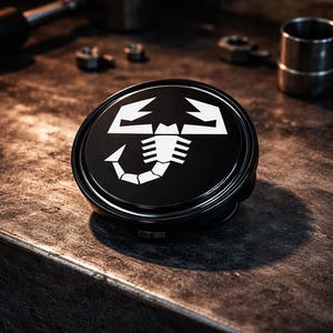 Abarth 56mm Wheel Center Cap – White and Black Scorpion Logo Wheel Hubcap – Abarth Emblem for Fiat 500, 595, and 695 – Car Accessory