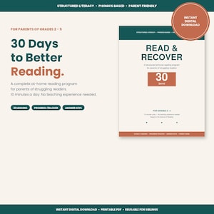 Puede incluir: Una descarga digital titulada "30 Days to Better Reading" para los grados 2-5. La portada presenta el texto "Read & Recover" y "30 Days". El programa está diseñado para padres de lectores con dificultades, con lecciones diarias de 10 minutos.