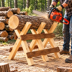 May include: A bright orange chainsaw cutting through a large, rough-textured log resting on a sturdy wooden sawhorse. The sawhorse is constructed from light-colored beams with dark-stained horizontal support braces and metal hardware.