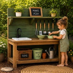 Puede incluir: Una cocina de juguete de madera para exteriores con panel trasero verde, fregadero blanco y grifo negro. Incluye utensilios de cocina colgantes, un letrero con el texto MAKE PLAY, una cesta de mimbre TOYS, un cubo verde WATER & FUN y una regadera de metal.
