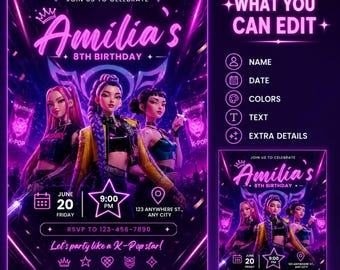 Kpop Birthday Invitation| Neon Anime Girl Band Party Invite|| Kpop Hunter Canva Template| Editable Purple Digital Invite