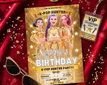 Kpop Hunter Birthday Invitation| Gold VIP Backstage Pass Party Invite| Editable Canva Template| Kpop Birthday Digital Download