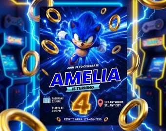 Blue Speed Hedgehog Birthday Invitation| Fast Runner Game Party Invite| Editable Canva Template| Kids Digital Download