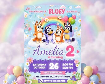 Blue Dog Birthday Invitation| Cartoon Puppy Rainbow Party Invite| Editable Canva Template| Kids Digital Download