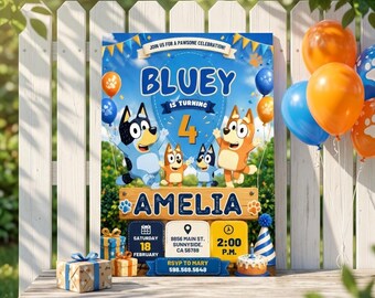 Blue Puppy Birthday Invitation| Cartoon Dog Party Invite| Editable Canva Template| Kids Birthday Digital Download