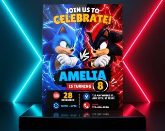 Fast Hedgehog Birthday Invitation| Blue Red Gamer Party Invite| Kids Arcade Canva Template| Editable Digital Download