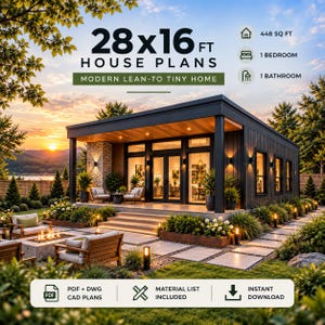 May include: Architectural rendering of a 28x16 ft modern lean-to tiny home with 448 sq ft, 1 bedroom, and 1 bathroom. The exterior features dark siding, stone accents, and a covered porch. Includes PDF, DWG CAD plans, and a material list for download.