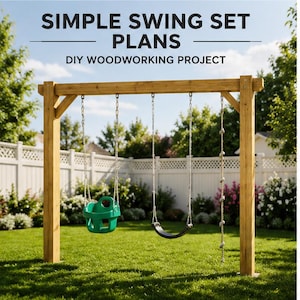 May include: A wooden swing set frame with the text SIMPLE SWING SET PLANS DIY WOODWORKING PROJECT. The structure features a green bucket seat, a black belt seat, and a climbing rope with knots suspended from a horizontal wooden beam.