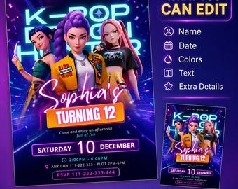 Kpop Birthday Invitation| Anime Kpop Hunter Party Invite |Neon Girl Band Dance Canva Template |Editable Digital Download