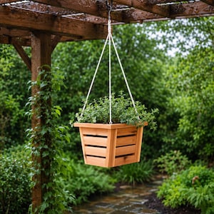 May include: A square wooden hanging planter with horizontal slats, suspended by white ropes from a dark brown wooden pergola. The planter contains a lush green plant with small leaves, creating a natural display in an outdoor garden setting.