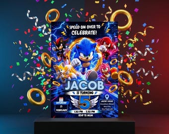 Speed Hedgehog Birthday Invitation| Blue Gamer Party Invite| Editable Canva Template| Kids Fast Runner Digital Download