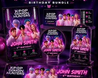 Kpop Demon Hunters Birthday Bundle| Editable Kpop Party Invitation Set| Anime Neon Birthday Canva Template Download