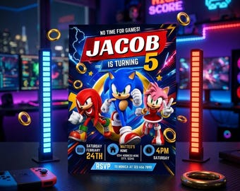 Blue Hedgehog Birthday Invitation| Gamer Party Invite| Editable Canva Template| Kids Arcade Digital Download