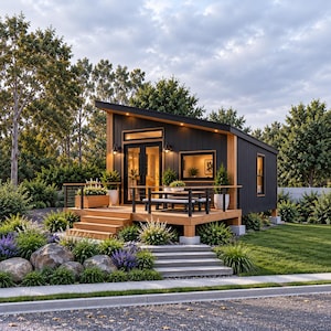Peut inclure: Une petite maison moderne avec un bardage vertical sombre et une terrasse en bois naturel. La structure présente un toit en pente, des doubles portes vitrées et un ensemble de salle à manger en bois sur le porche, entourée de verdure.