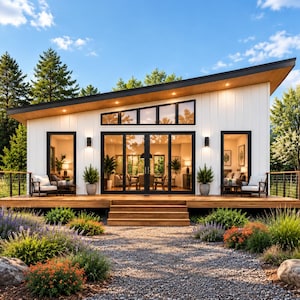 May include: A modern single-story house with white vertical siding, a slanted roof, and large black-framed glass doors and windows. A wooden deck with steps leads to the entrance, surrounded by a gravel path and a garden with green plants.
